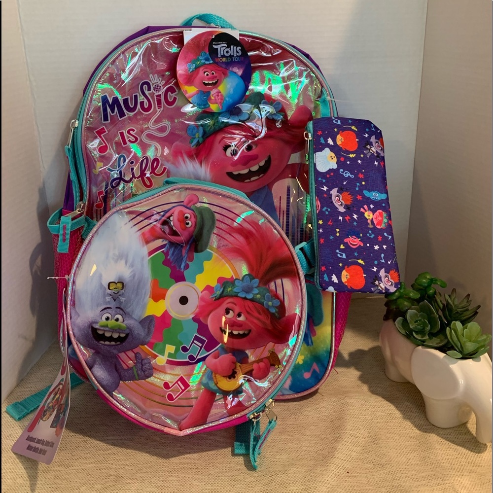 Trolls pink backpack with lunch bag